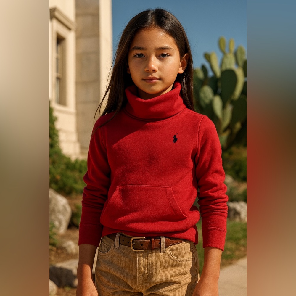 Ralph Lauren Girls Red Turtleneck Embroidered Polo Kangaroo Pocket Preppy 8-10